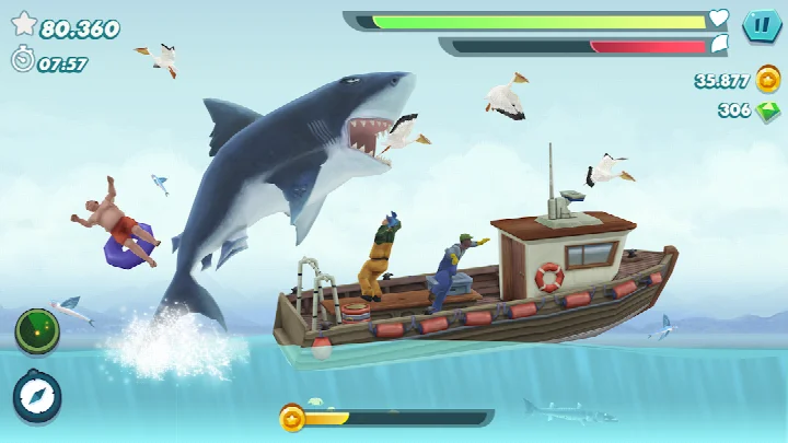 Underwater exploration in Hungry Shark Evolution with a shark chasing prey among coral and rocks.