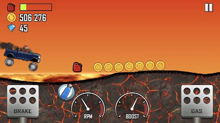 Gameplay of a motorcycle performing a mid-air stunt over a hill.