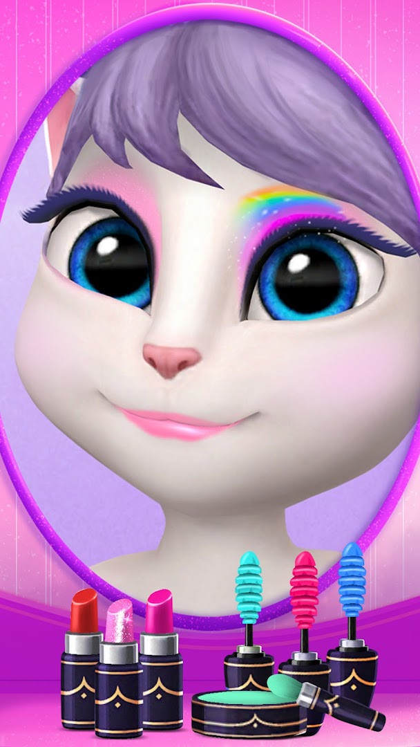 My Talking Angela wardrobe screen with outfits and accessories for dressing up.