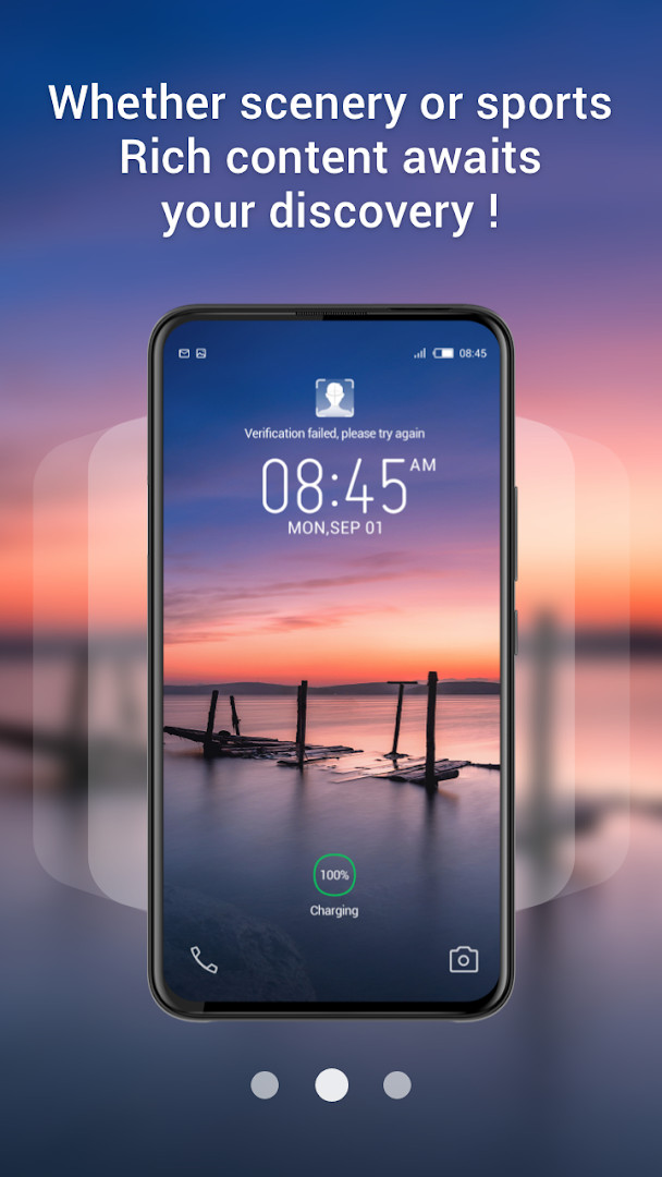 Lock screen presenting a scenic wallpaper image and a magazine article preview