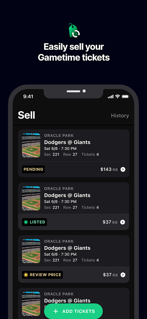 Gametime sell tickets flow where a user can list seats and set a price.