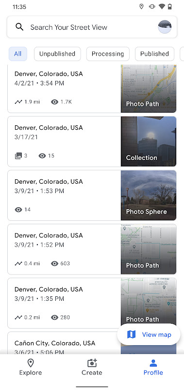 Google Street View Photo Path creation screen showing a connected series of photos along a trail