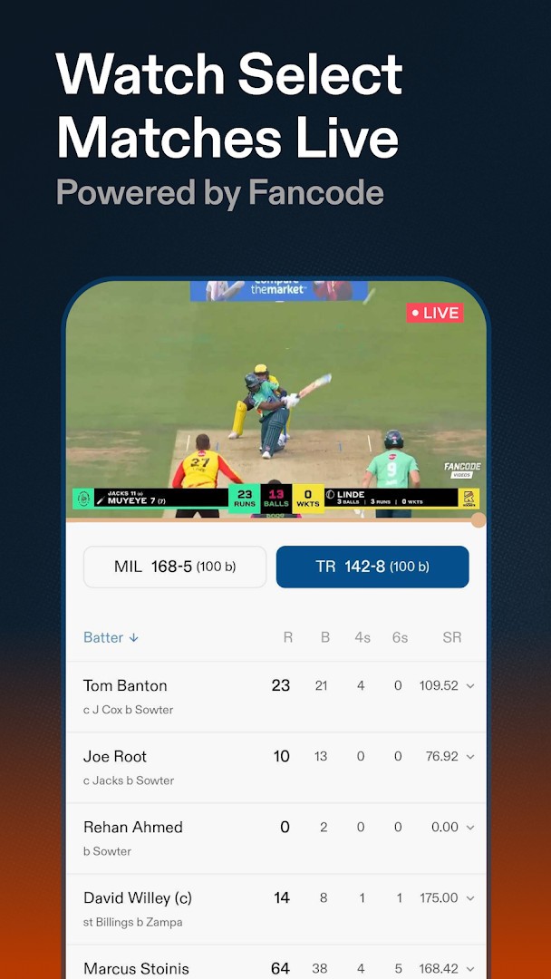 CREX - Just Cricket head-to-head stats comparing players live in commentary