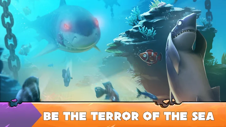Baby shark companion menu in Hungry Shark Evolution highlighting unique stats and RPG-style growth.