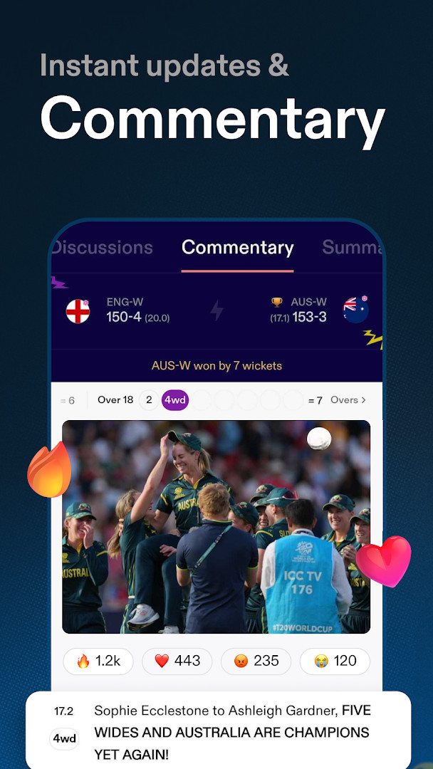 CREX - Just Cricket matches tab with live match updates and personalized commentary