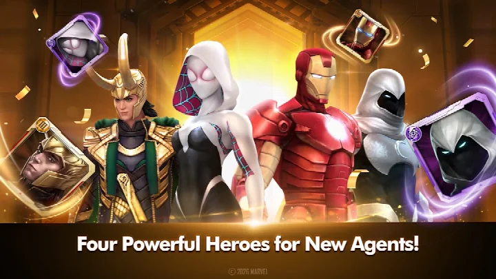 MARVEL Future Fight home screen with buttons for missions and game modes