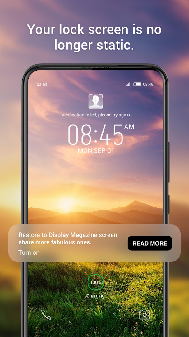 Lock screen featuring a colorful landscape image and an article snippet overlay