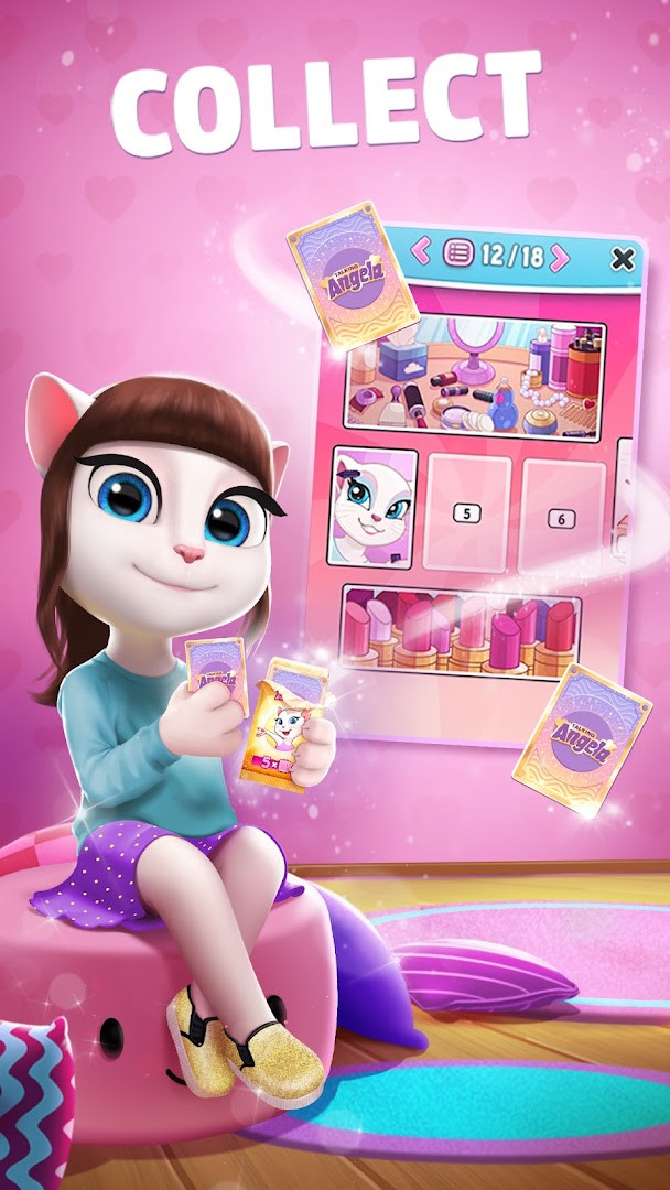 My Talking Angela sticker album screen displaying collectible stickers and event albums.