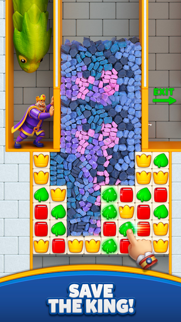 Royal Match puzzle board with swiped colorful match-3 pieces
