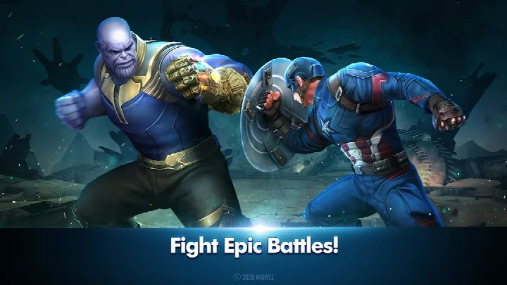 MARVEL Future Fight team setup screen with an Avengers lineup and bonus effects