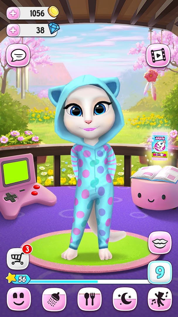 My Talking Angela activity screen with sweet mini-games and daily tasks.