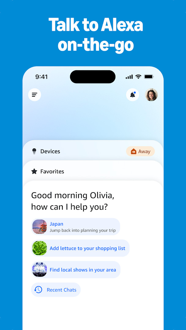 Home screen showing quick access to smart home controls and Alexa features