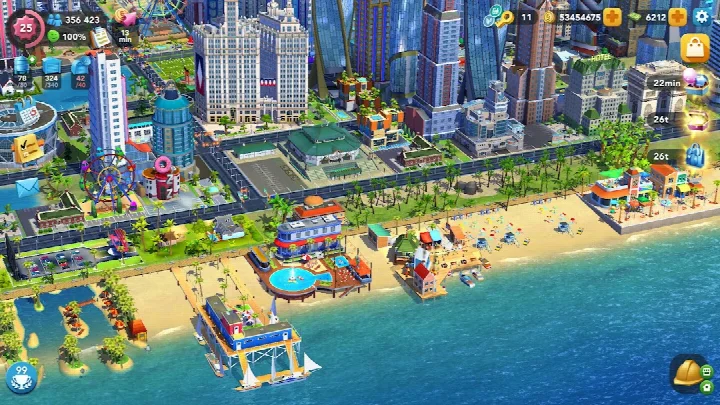 Overhead view of a growing city in SimCity BuildIt with skyscrapers, parks, and bridges