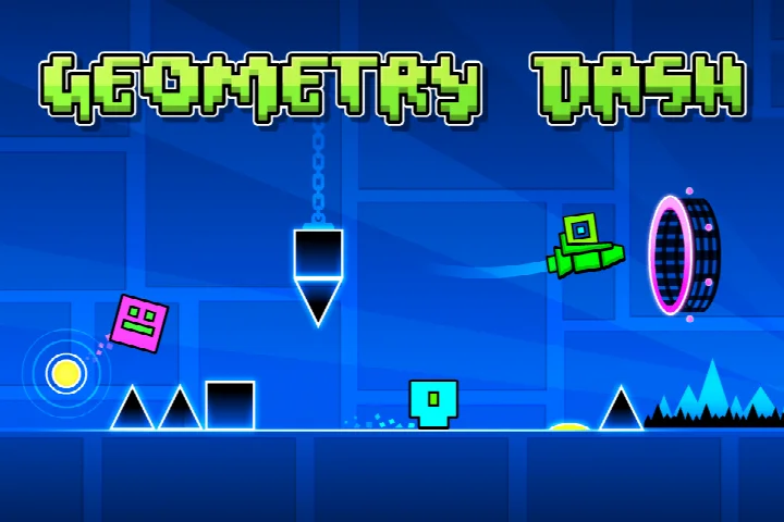 One-touch gameplay screen with a square character jumping over spiky obstacles on a rhythmic level