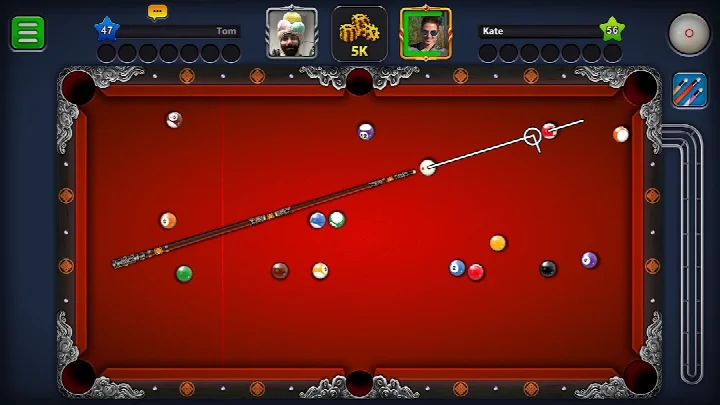 A competitive PvP match in 8 Ball Pool with balls spread across a green felt table.