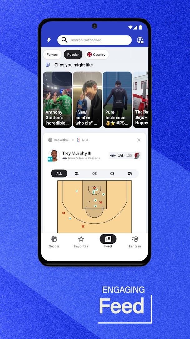 Personalized favorites feed tracking selected teams and ongoing matches.
