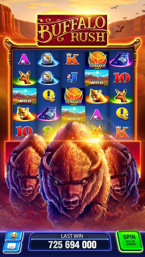 Huuuge Casino 777 Slots Games lobby with rows of colorful slot machines.