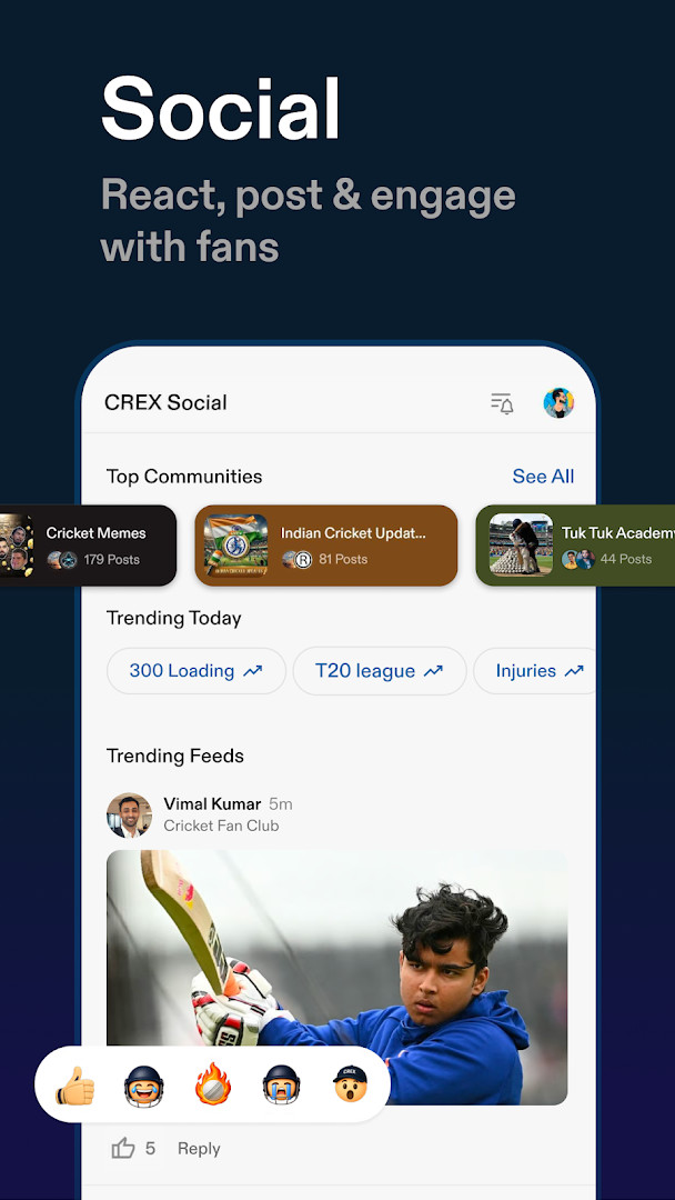 CREX - Just Cricket series tab displaying points tables, top players, and team squads