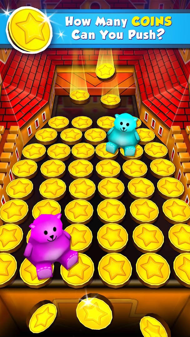 Coin Dozer - Carnival Prizes gameplay showing coins being pushed on a carnival-themed tray