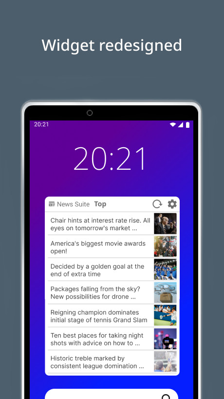 News Suite by Sony main feed with article previews and category tabs