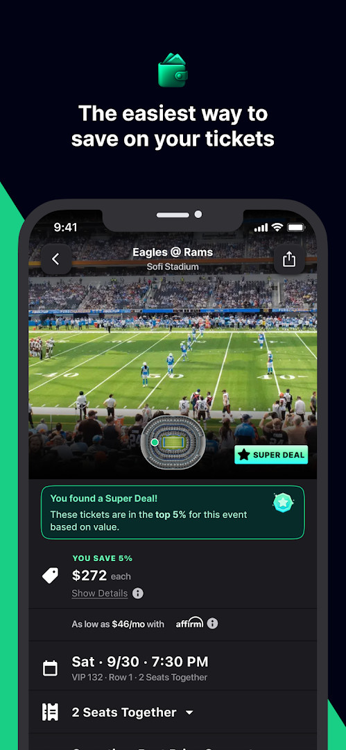 Gametime event listing with ticket prices displayed, including discounted zone deals.