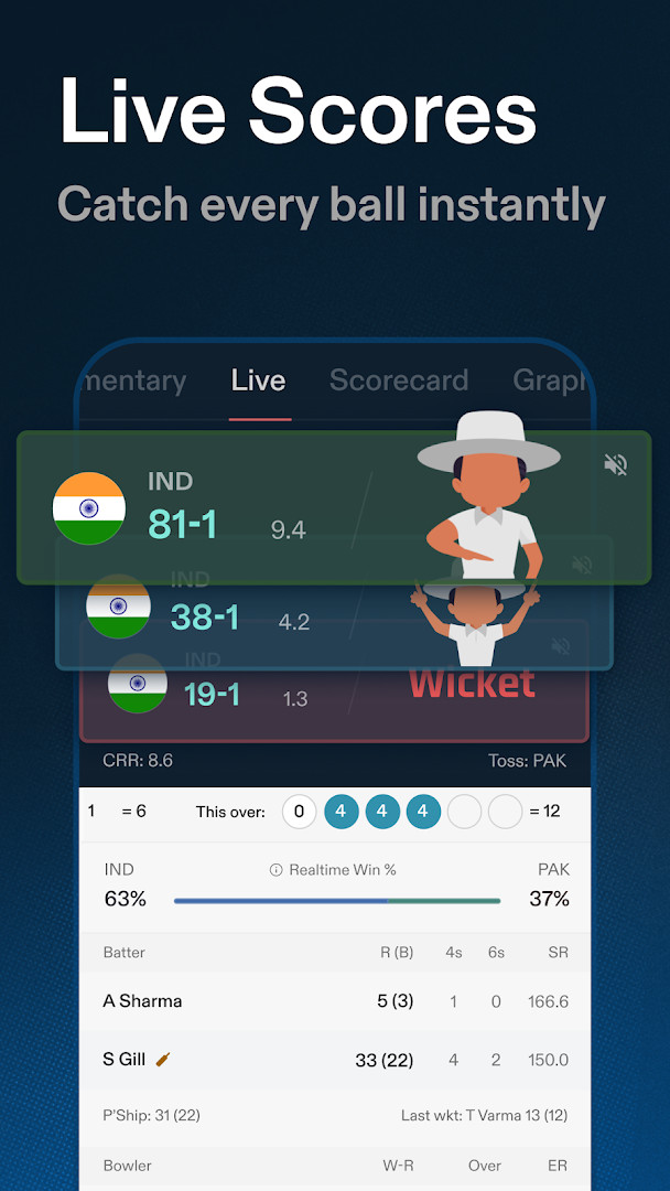 CREX - Just Cricket home tab showing live scores, cricket stories, and short videos