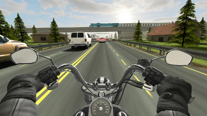 Traffic Rider gameplay in first-person view on a highway.
