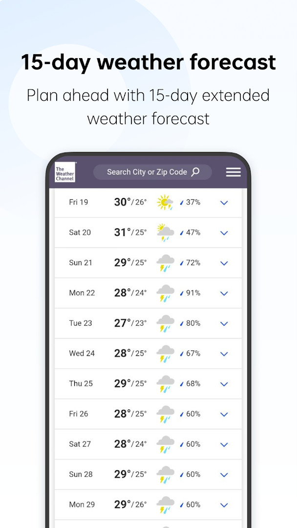 Home screen with current temperature, weather condition, and location name