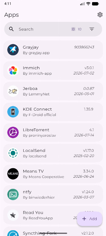 Obtainium home screen listing installed apps with their latest available releases