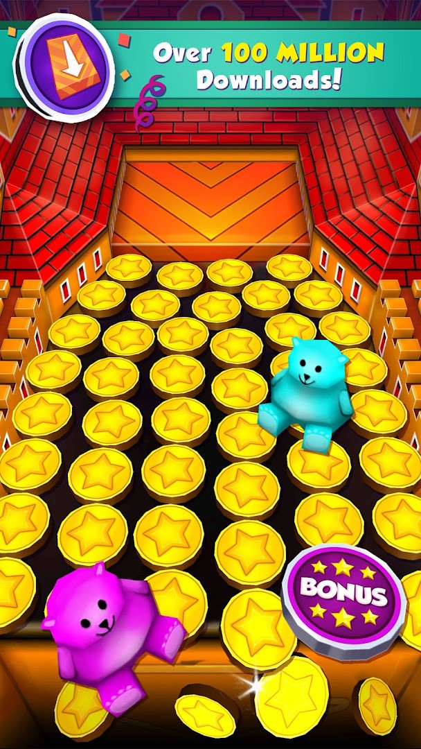 Coin Dozer - Carnival Prizes screen demonstrating the shake-the-pusher feature for extra coins