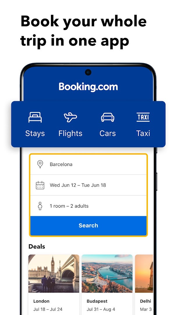 Booking.com app hotel search results with filters for price, rating, and amenities displayed.
