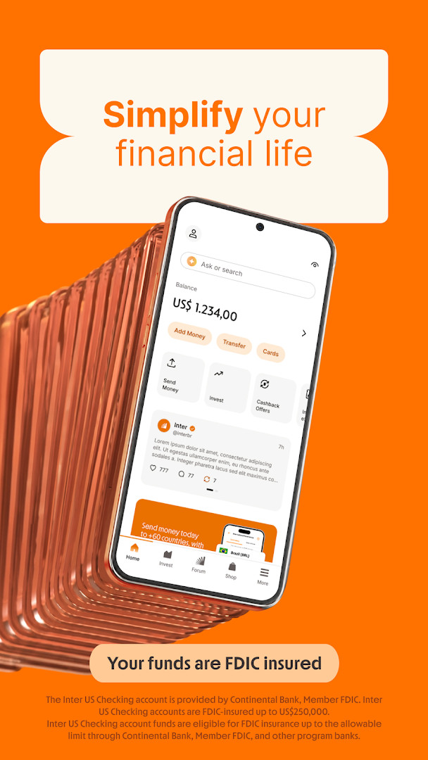 Inter Banking & Money Transfer home screen showing account balance and recent transactions.
