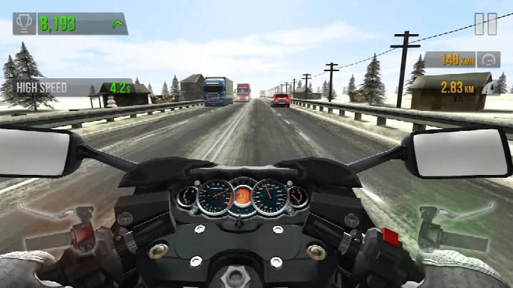 Traffic Rider wheelie stunt on a two-way road.