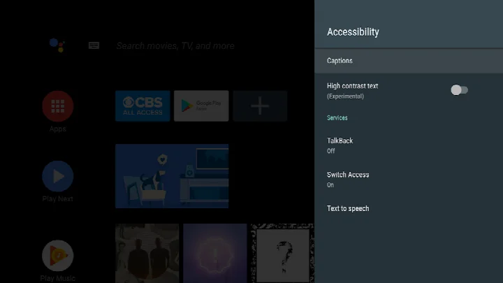 Android Accessibility Suite settings screen for enabling Accessibility Menu, Select to Speak, or TalkBack