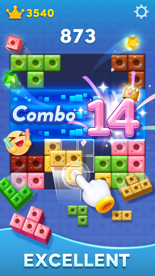 Block Blast! settings screen with options for sound, music, and preferences.