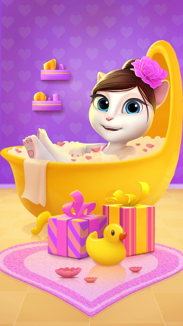 My Talking Angela makeup screen featuring lipstick, eyeshadow, and blush options.