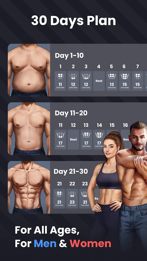 Six Pack in 30 Days animation and video guide demonstrating an abdominal exercise