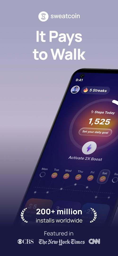 Sweatcoin main screen showing step count and sweatcoin balance.