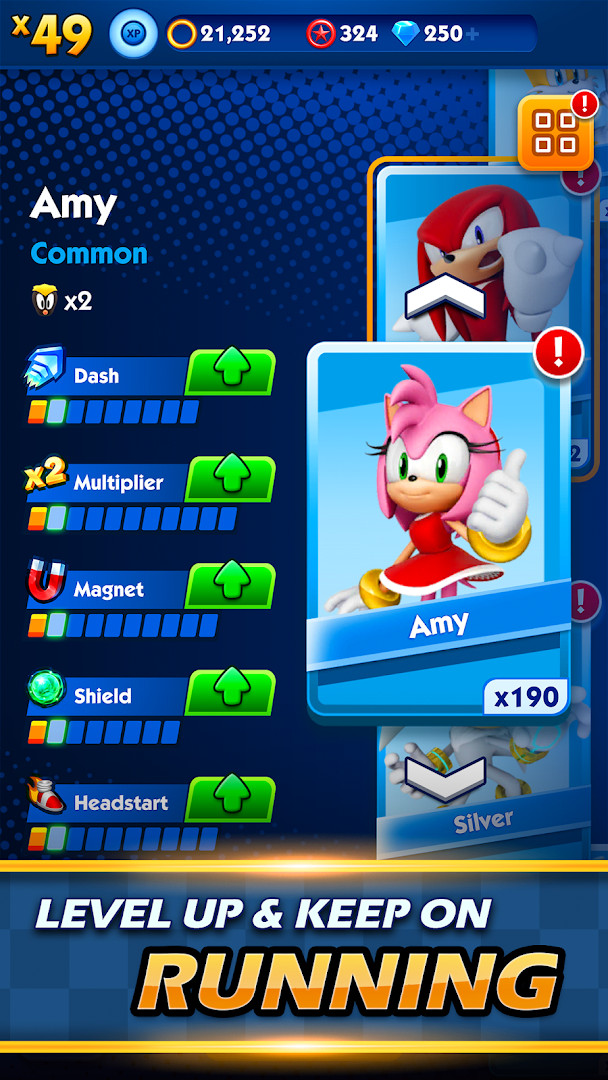 Sonic Dash Run screenshot of the character selection screen with Sonic, Tails, and Knuckles.