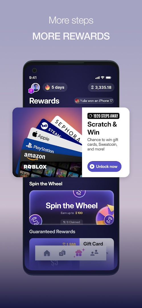 Sweatcoin step streak screen showing weekly progress and badges.