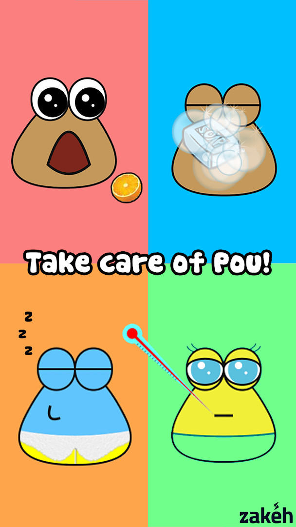 Pou main screen showing the alien pet in its room with status bars