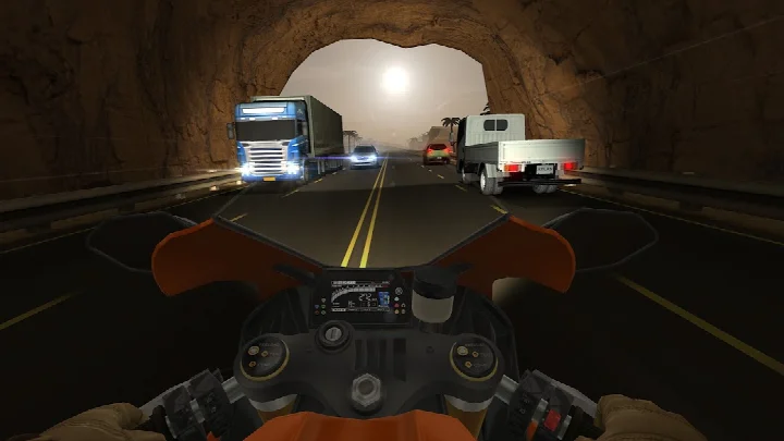 Traffic Rider racing at night with detailed city lights.