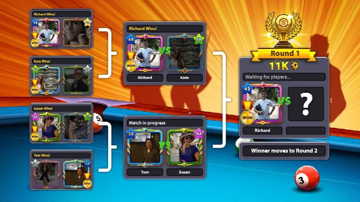 8 Ball Pool screenshot highlighting the cue customization and upgrade interface.