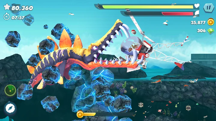 Gold Rush mode active in Hungry Shark Evolution as a shark scores big points and extends survival.