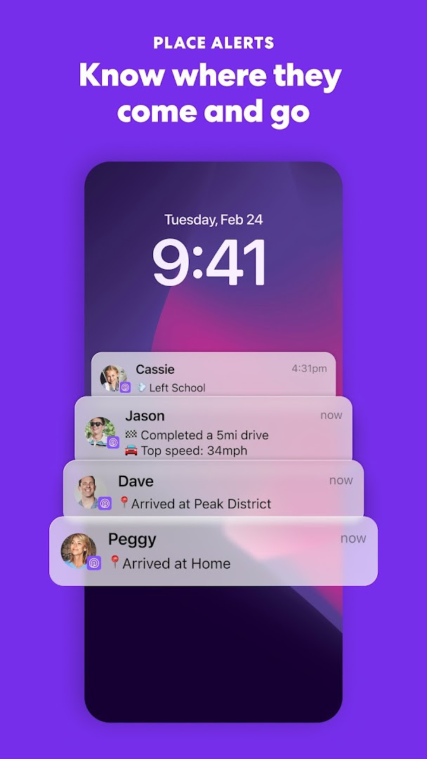 Location sharing panel with a selected family member's current address and battery info