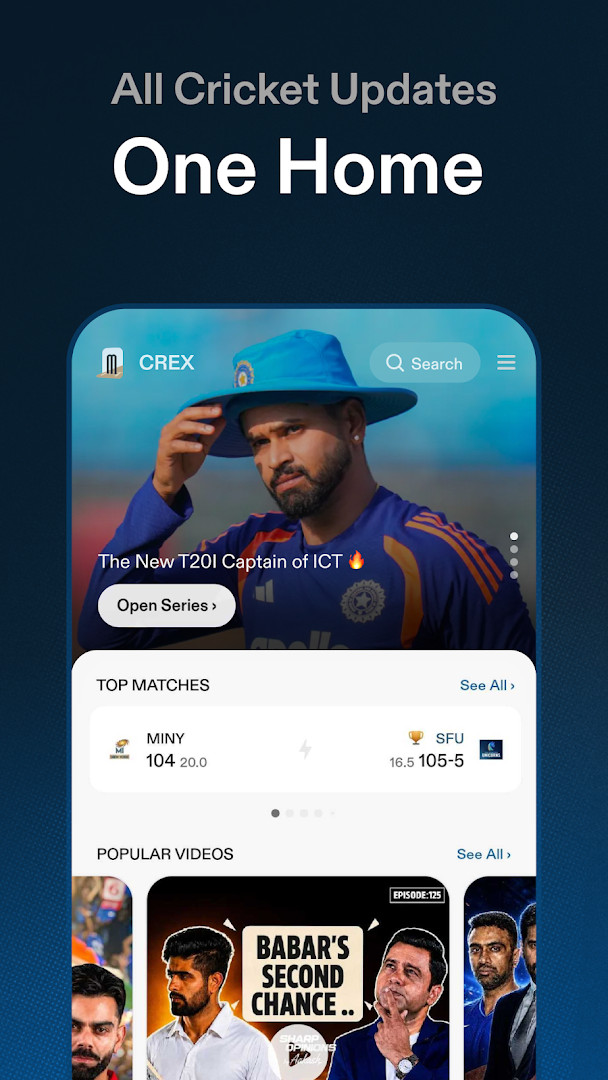 CREX - Just Cricket live match streaming screen with ball-by-ball commentary