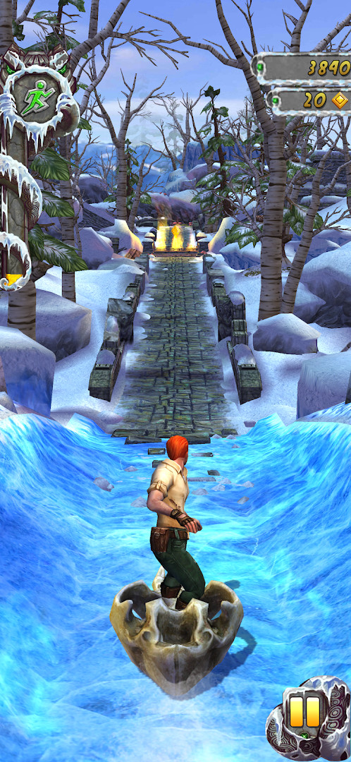 Character sprinting along a crumbling temple wall in a dense jungle environment