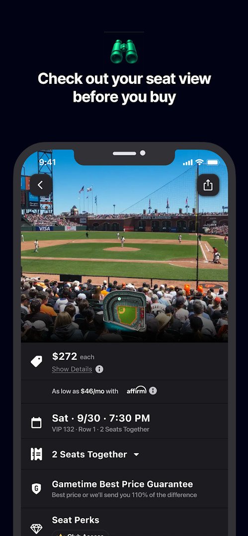 Gametime panoramic seat preview showing the stage view from a selected section.