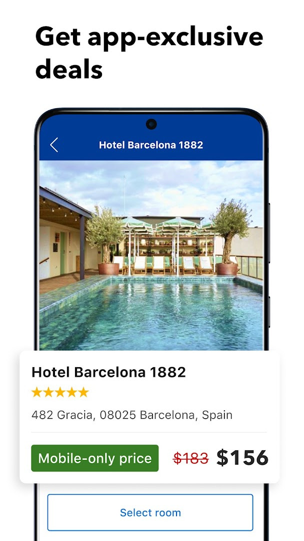 Booking.com app flight search interface with departure and return date selectors and price calendar.
