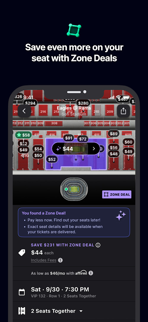 Gametime checkout screen summarizing ticket details and the final all-in price.